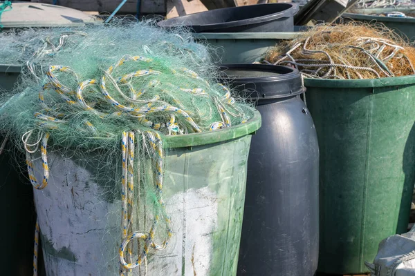 Large Vats Plastic Fishing Nets Quay Harbor Travemunde Baltic Sea — Stock Photo, Image