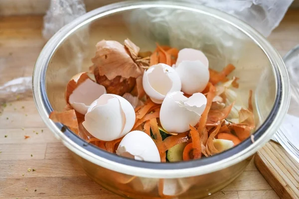 Yumurta Kabukları Sebze Kesimleriyle Dolu Bir Kase Gübre Için Organik — Stok fotoğraf