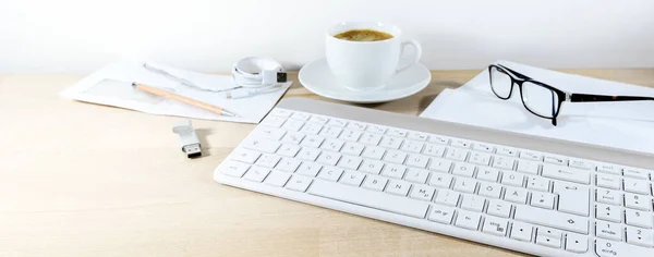 Light Wooden Office Desk Panoramic Format Computer Keyboard Papers Glasses — Stock Photo, Image