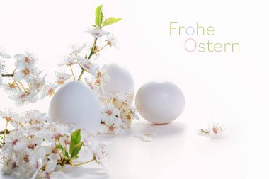 Beyaz arkaplanda üç yumurta ve bir dal yabani çiçek Frohe Ostern 'a mesaj atıyor. Mutlu Paskalyalar, bayram tebrik kartı, fotokopi alanı, seçilmiş odak, dar alan derinliği.