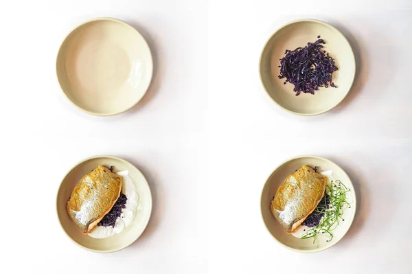 Collage Four Steps Creative Fish Dish Arrangement Char Filet Red — стоковое фото
