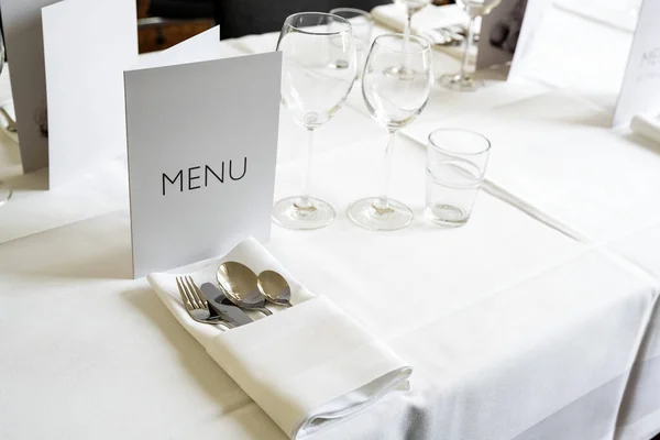Elegant Place Setting Menu Card Various Glasses Cutlery Napkin Table — Zdjęcie stockowe