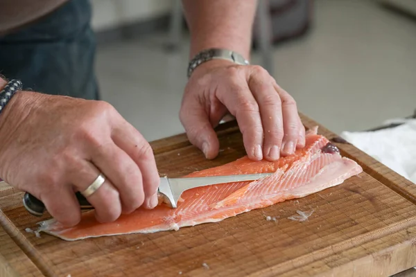 Char Fish Preparation Cook Removing Bones Thin Filleting Knife Cutting — Stockfoto