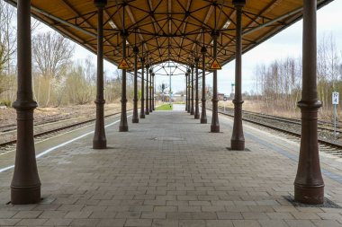 Schonberg, Mecklenburg, Almanya 'daki istasyonun demiryolu rayları arasında klasik sütunlar, metal iskeleler ve ahşap çatılarla kaplı bir platform, seçilmiş odak noktası, dar alan derinliği