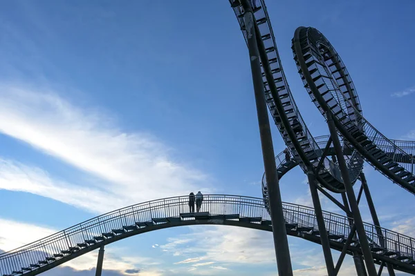 Couple Standing Stairs Walkable Roller Coaster Sculpture Tiger Turtle Blue — Stock Photo, Image