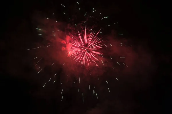 Red Fireworks Smoke Black Night Sky Festive Highlight Holiday New — Stock Photo, Image
