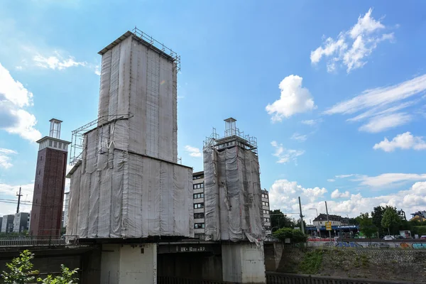 Duisburg Germany June 2022 Bridge Renovation Inner Harbor Scaffolded Wrapped — Foto Stock