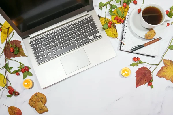 laptop computer, coffee cup, colorful autumn leaves and candles on a light gray marble table, seasonal home office desktop with copy space, high angle view from above