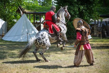 Ratzeburg, Germany, July, 31, 2022: Knight on a rising horse and a warrior with shield on foot showing a fighting demonstration at a medieval festival, selected focus