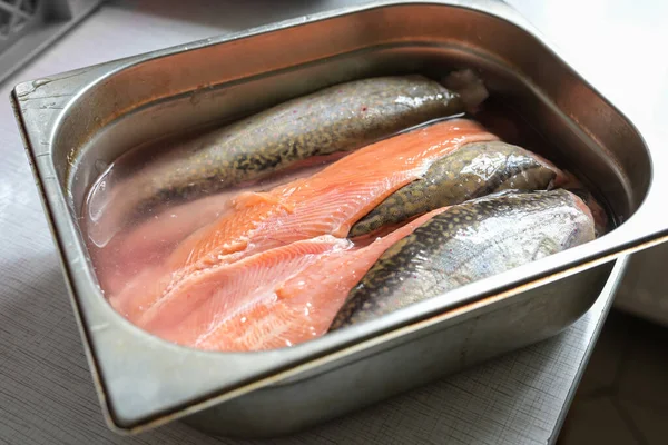 Char Fish Filleted Washed Rectangular Stainless Steel Gastronomy Container Further — Stock Photo, Image