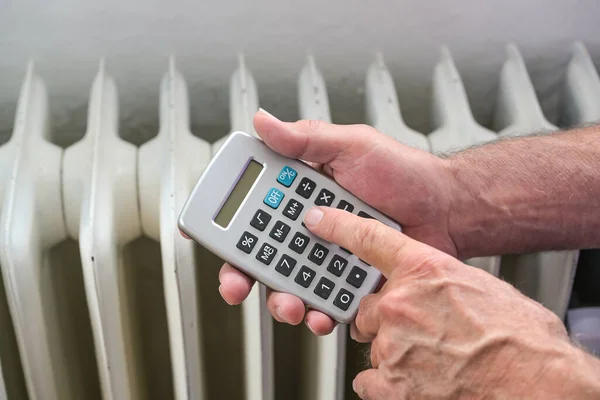 Hands Man Calculator Figures Out Energy Costs Inefficient Heating System — Photo