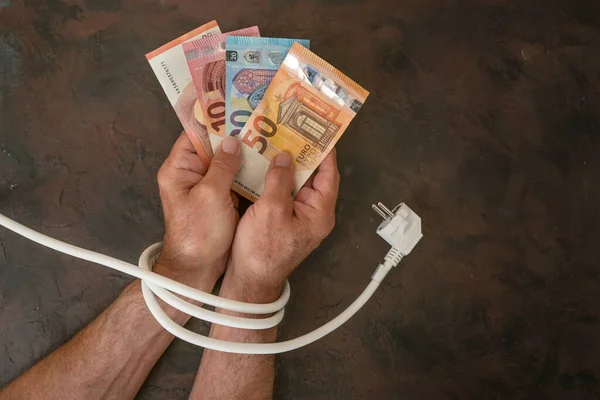 Hands Man Euro Banknotes Tied Electric Power Cable Concept Rising — Zdjęcie stockowe