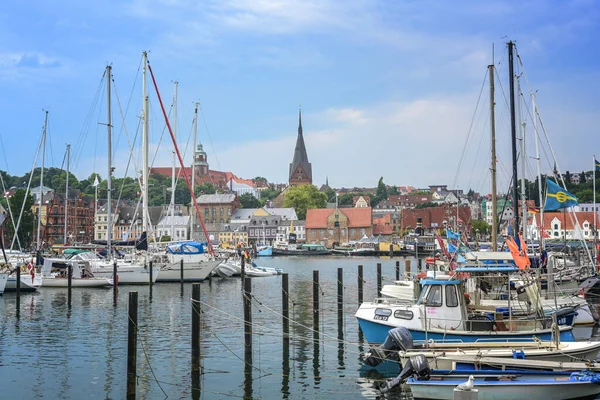 Flensburg Germany July 2022 Old Town Cityscape Marien Church Yacht — 图库照片