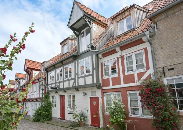 Historic Half Timbered Houses Old Town Flensburg Germany Narrow Cobblestone — Stockfoto