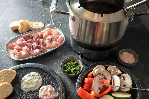 Oil Fondue Meat Vegetables Fried Pot Hot Fat Festive Dinner — Stock Photo, Image