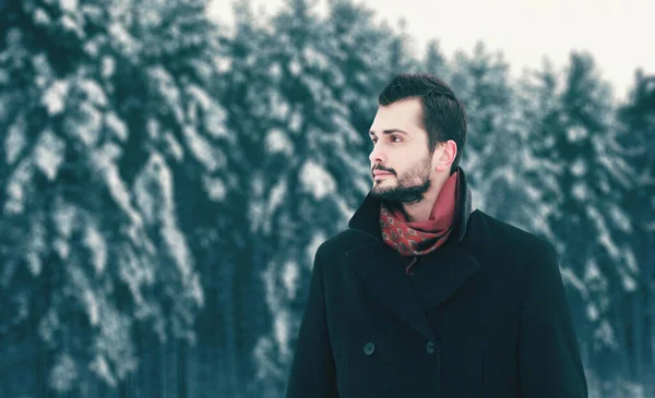 Winter Portrait Handsome Bearded Brunette Man Model Walking Forest Looking — Stock Photo, Image