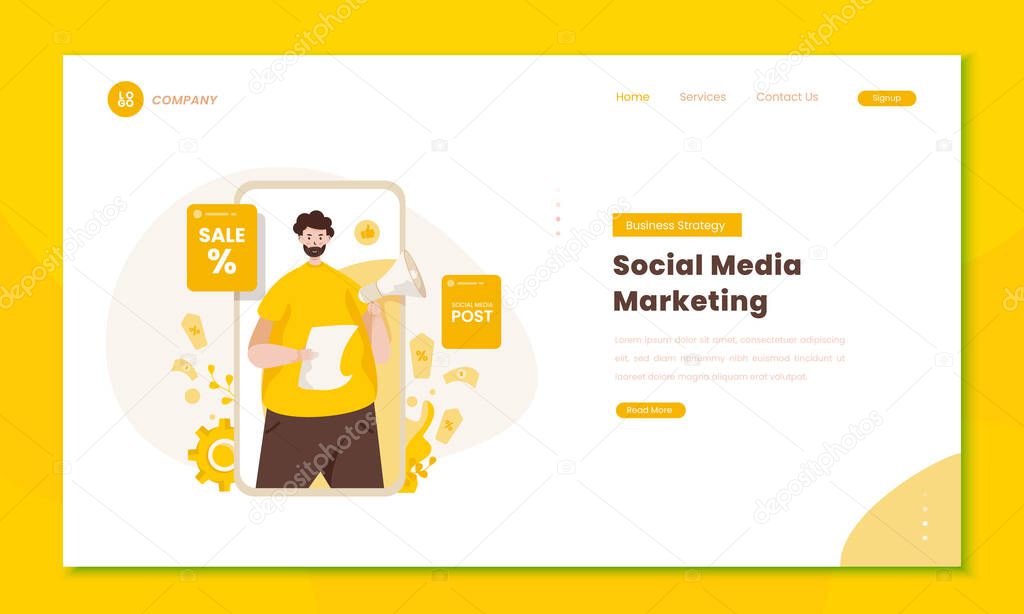 Business strategy with social media marketing illustration on landing page
