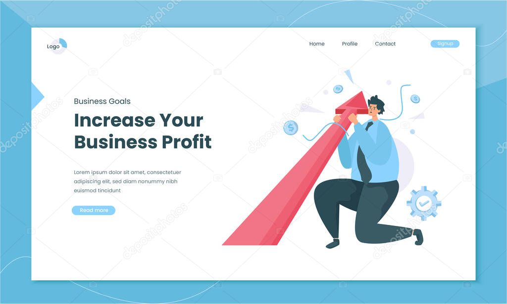 A man pointing arrow up for business profit growth concept on landing page design