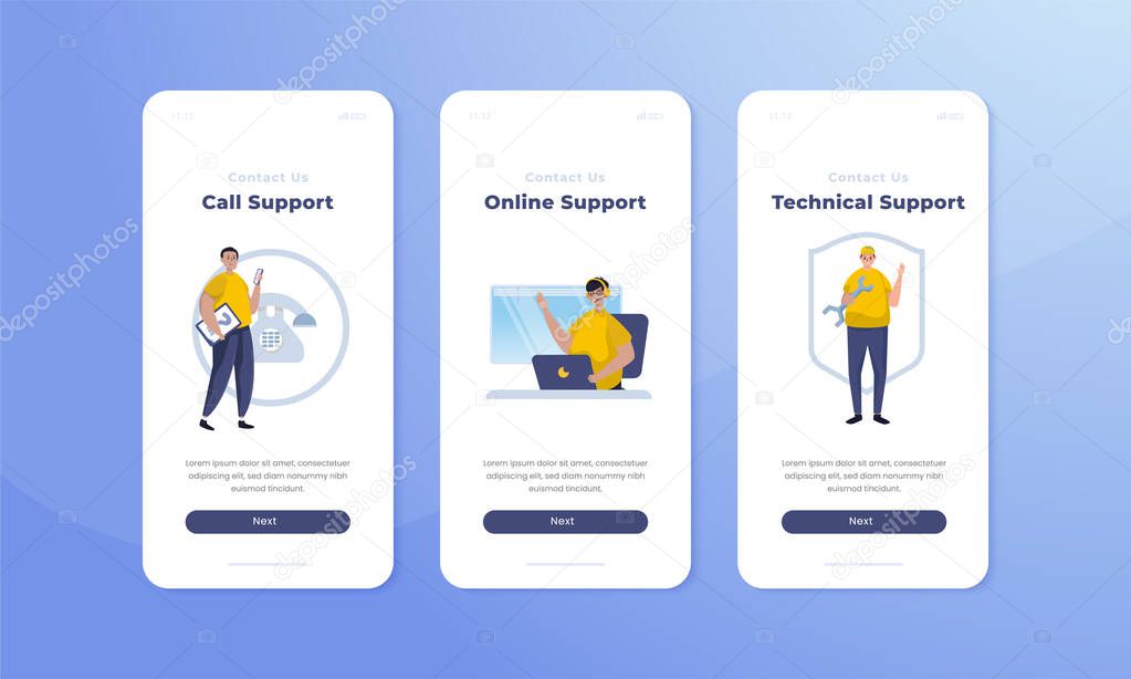 Contact us page with customer support illustration on onboard mobile screen template
