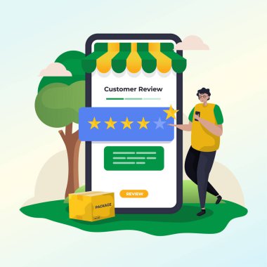 Çevrimiçi mağaza incelemesi ile beş yıldız puanı illüstrasyonu
