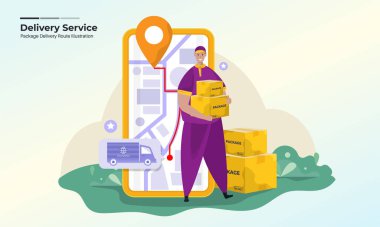 Hedef illüstrasyon tasarımına çevrimiçi güzergahı olan paket teslimat servisi