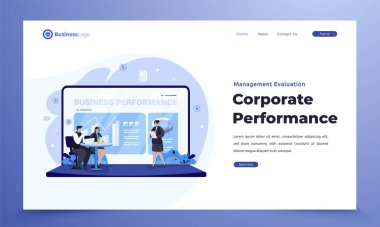 İniş sayfası konseptinde kurumsal performansın yönetim değerlendirmesi hakkında düz illüstrasyon