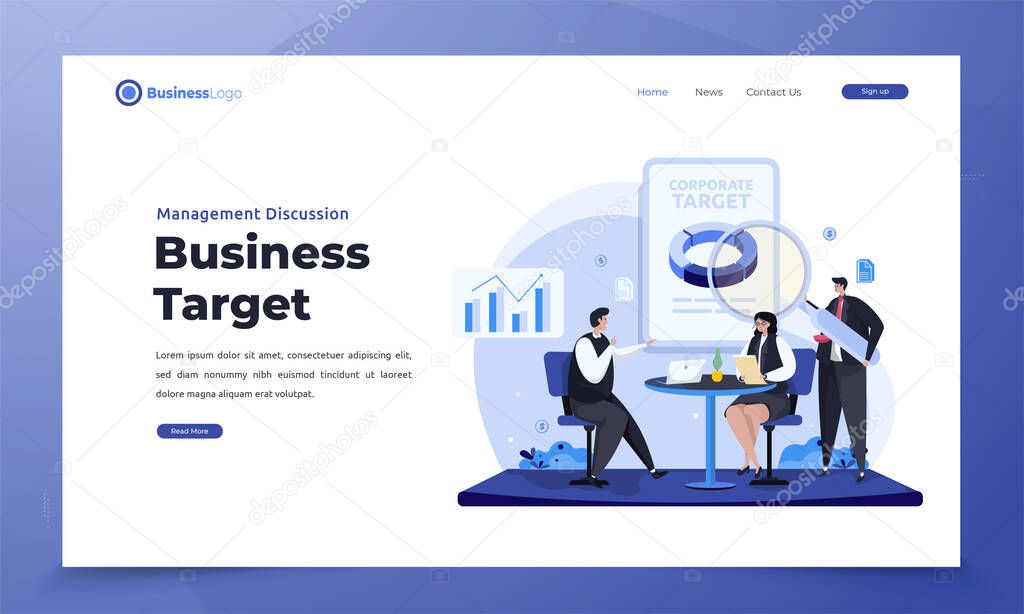 Illustration of corporate business target discussion on landing page concept