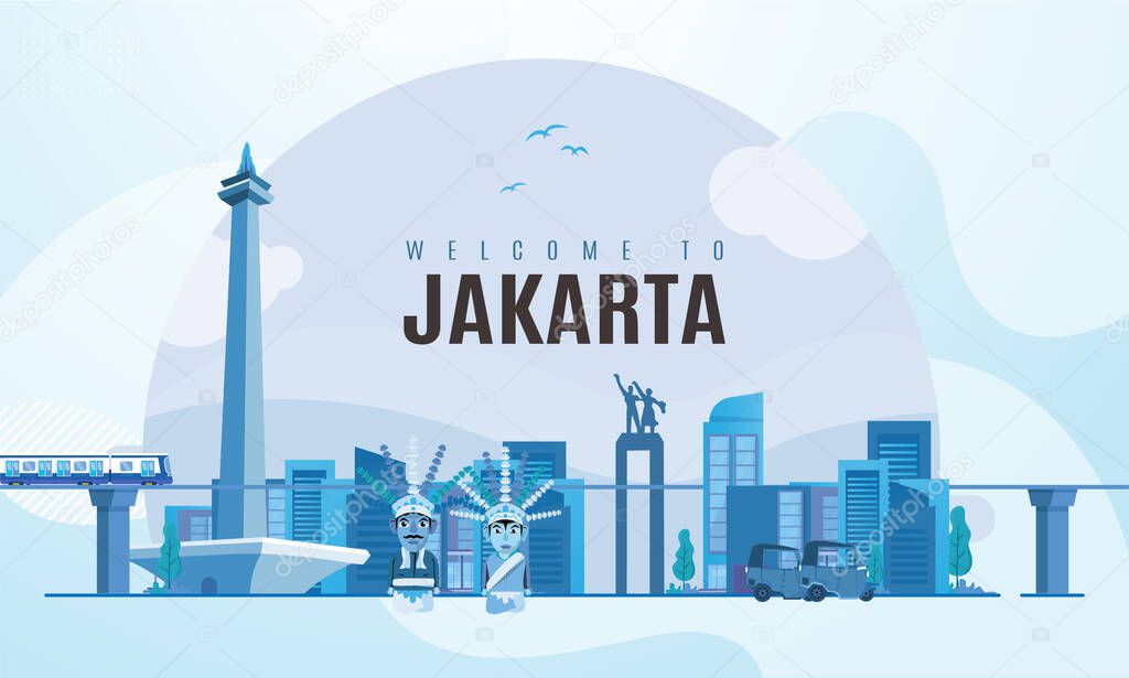 Welcome to Jakarta city, the national city of Indonesia in vector cityscape illustration concept