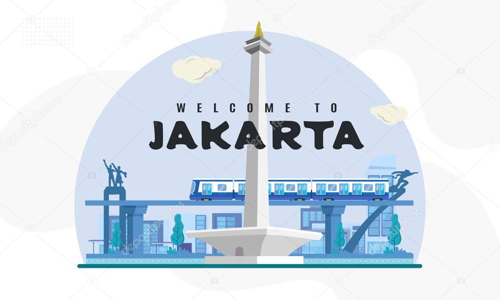 Jakarta city landmark view with monument national illustration background