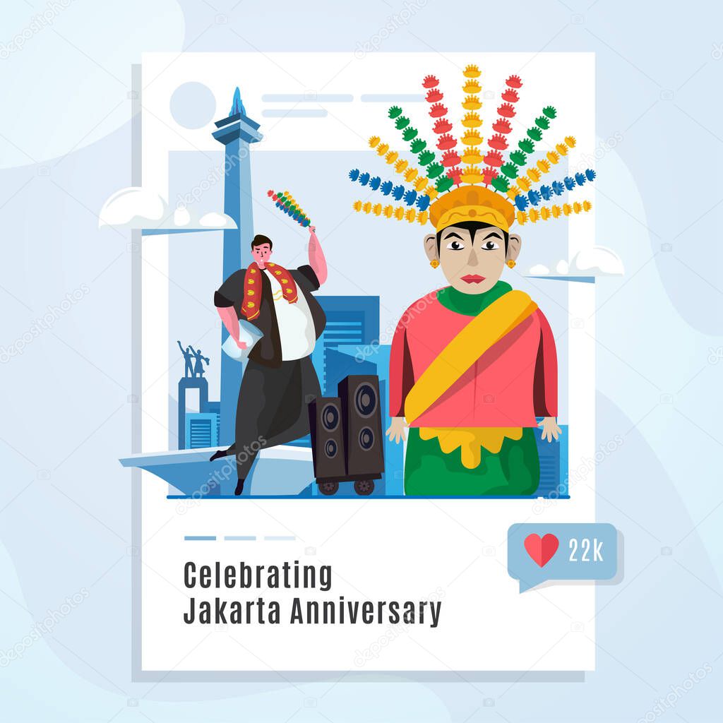 Happy celebrating Jakarta city anniversary illustration on social media post concept