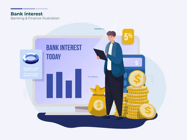 Homme Vérifie Intérêt Bancaire Pour Concept Banque Affaires Illustration Financière — Image vectorielle