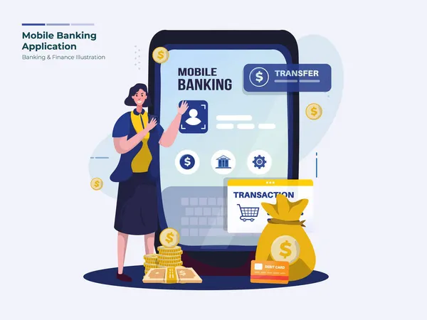 Ilustración Empleado Banco Introduce Aplicación Banca Móvil Línea — Archivo Imágenes Vectoriales