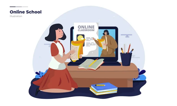 Studenci Uczą Się Domu Wideo Online Dla Koncepcji Ilustracji Szkoły — Wektor stockowy