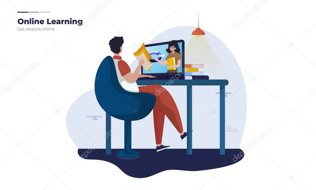 A man getting online lessons for an online education illustration concept