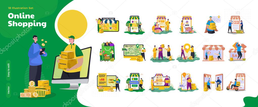 Online shopping and commerce concept on illustration collection set