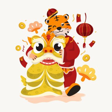 Tatlı kaplan karakteri ve aslan dans kostüm tasarımı.