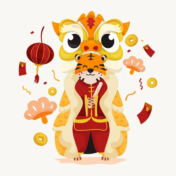 Επίπεδη Σχεδίαση Χαριτωμένο Χαρακτήρα Τίγρης Φορώντας Στολή Χορού Λιοντάρι — Διανυσματικό Αρχείο