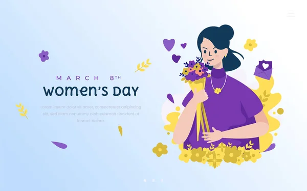 Happy Women Day Beautiful Girl Holding Flowers Flat Illustration Banner — Stock Vector