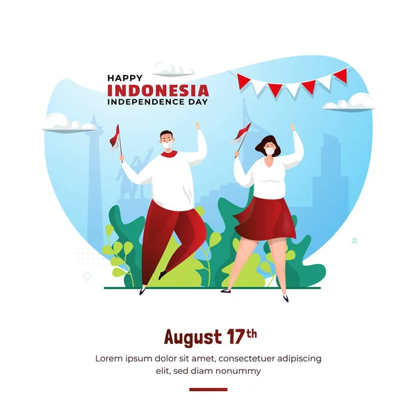 Couple Waving Red White Flag Celebrating Indonesia Independence Day - Stok Vektor