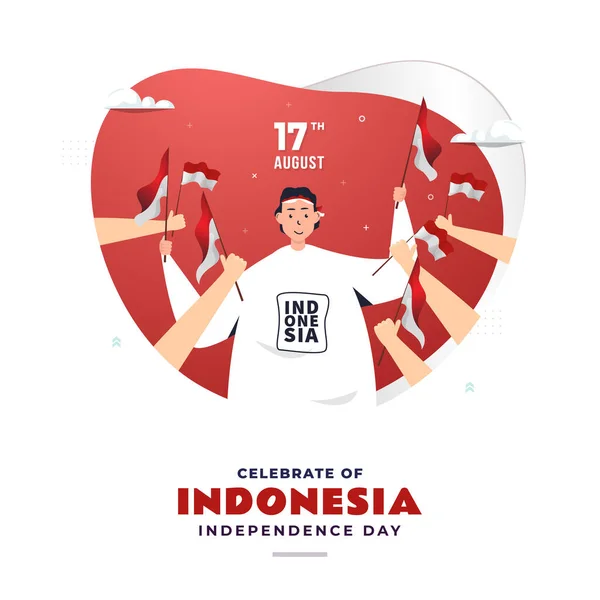 Man Waving Red White Flag Celebrate Indonesia Independence Day - Stok Vektor