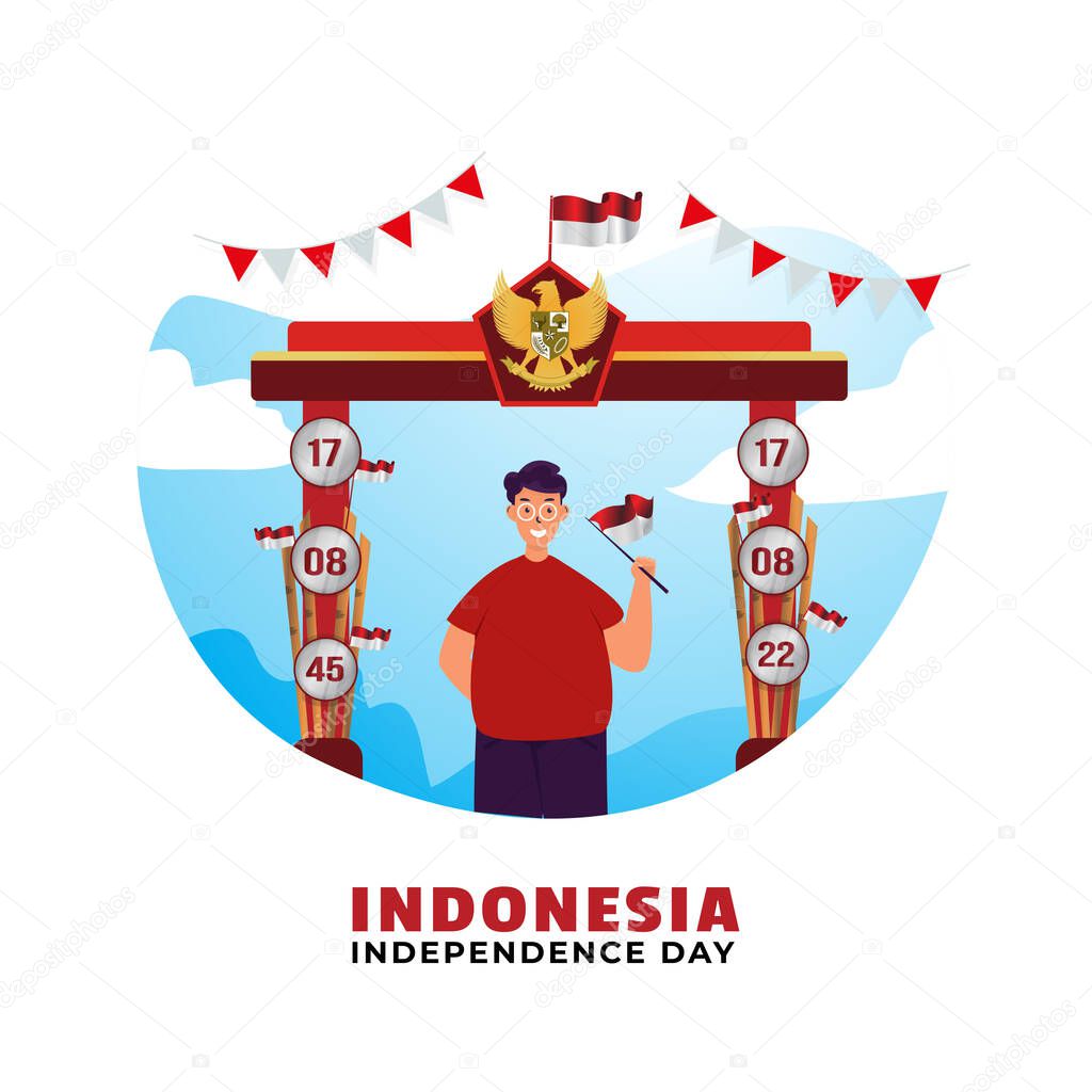 Flat design a man waving Indonesian flag concept