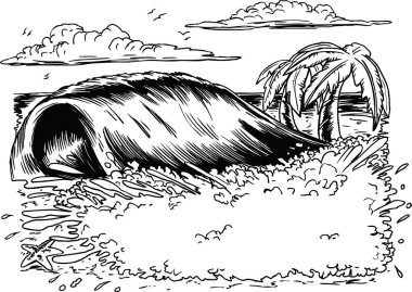 Büyük Dalga Sahile Vuruyor Plaj Vektörü İllüstrasyonu