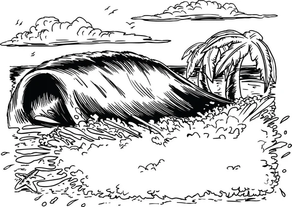 Büyük Dalga Sahile Vuruyor Plaj Vektörü İllüstrasyonu