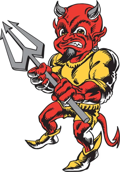 Devil Mascot Στέκεται Pitch Fork Εικονογράφηση Διάνυσμα — Διανυσματικό Αρχείο