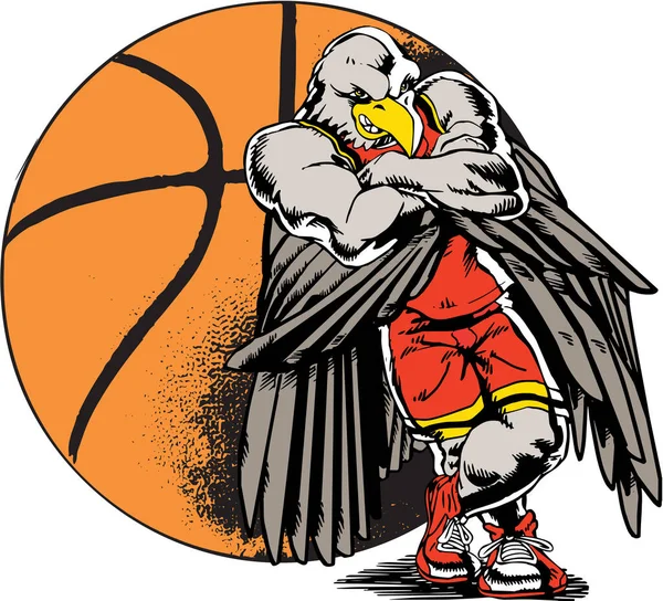 Eagle Mascot Leaning Basketball Vector Illustration — Stock Vector