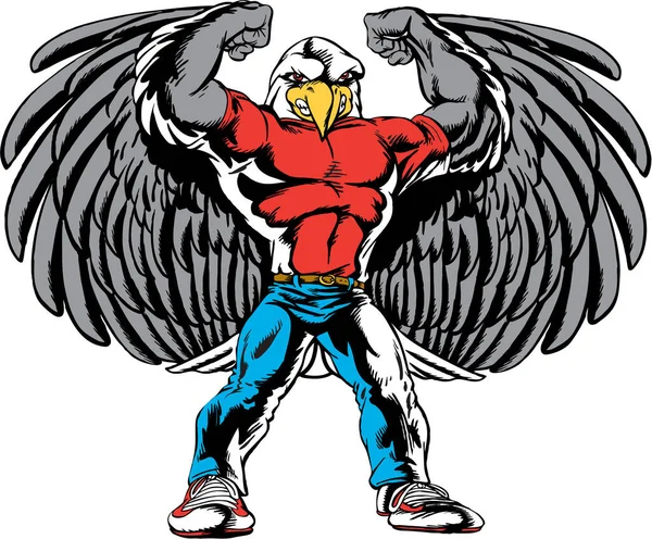 Águila Mascota Flexing Músculos Con Alas Vector Ilustración — Vector de stock