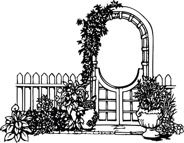 Trädgårdsport Med Blommor Vektor Illustration — Stock vektor