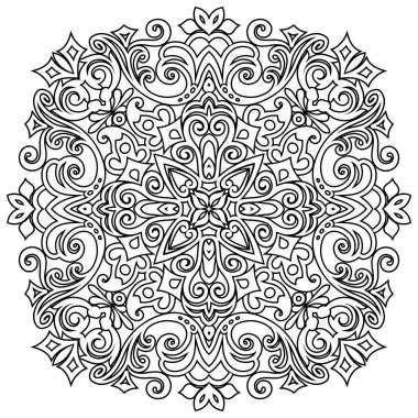 Vektör soyut siyah çiçekli etnik yuvarlak süsleme.