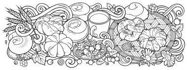 Yiyecek ve içecekler elle çizilmiş vektör çizimleri.