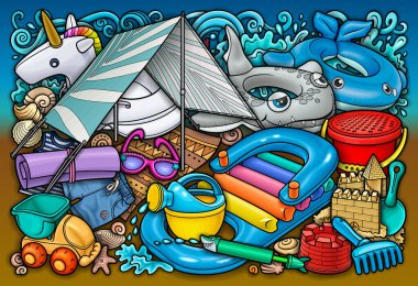 Çizgi filmlerdeki sevimli karalamalar el çizimi yaz plajı çocukları eğlence illüstrasyonları.